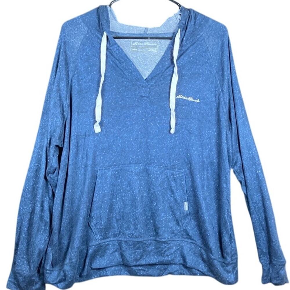 Eddie Bauer Womens Sweatshirt Blue Lounge Pullover V Neck Hoodie Stretch XL
